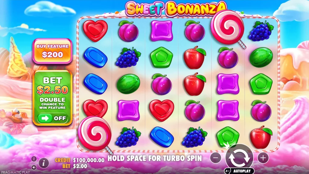 Sweet Bonanza slot interface with a colorful candy-themed design, pastel background, fruit and candy symbols on a 6x5 grid, and a bright, playful visual style.