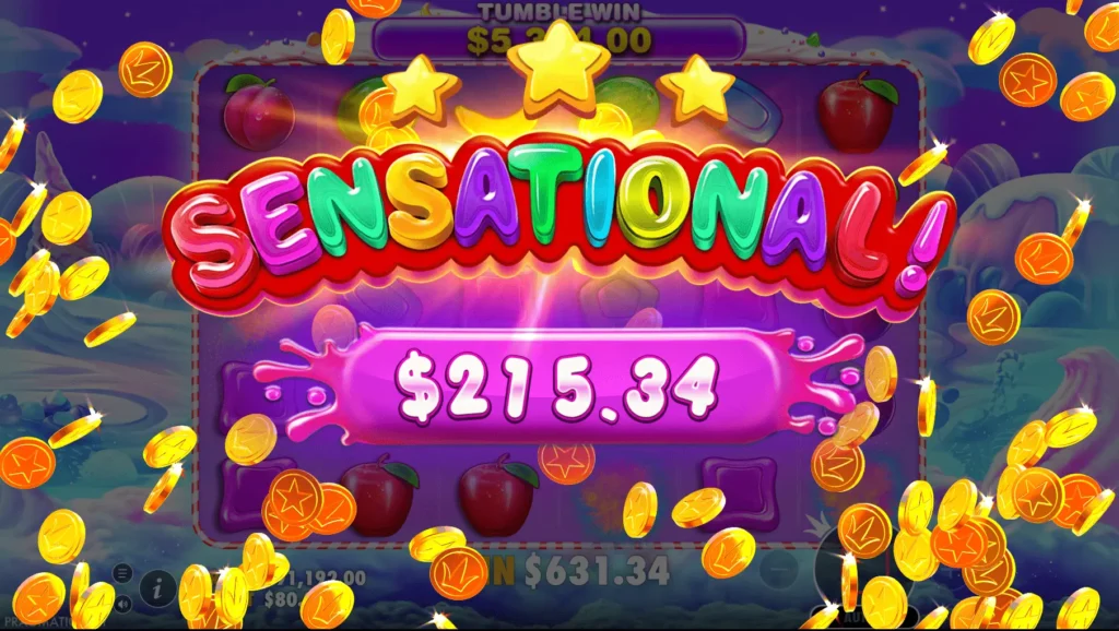 Sweet Bonanza gameplay screen showing a cluster win result, with candy and fruit symbols on a 6x5 grid and a tumble win animation after a completed spin.