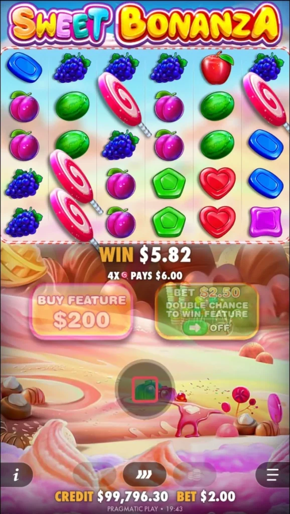 Sweet Bonanza slot displayed on a mobile screen with a 6x5 grid, fruit and candy symbols, and touch-optimized controls adapted for smartphones.