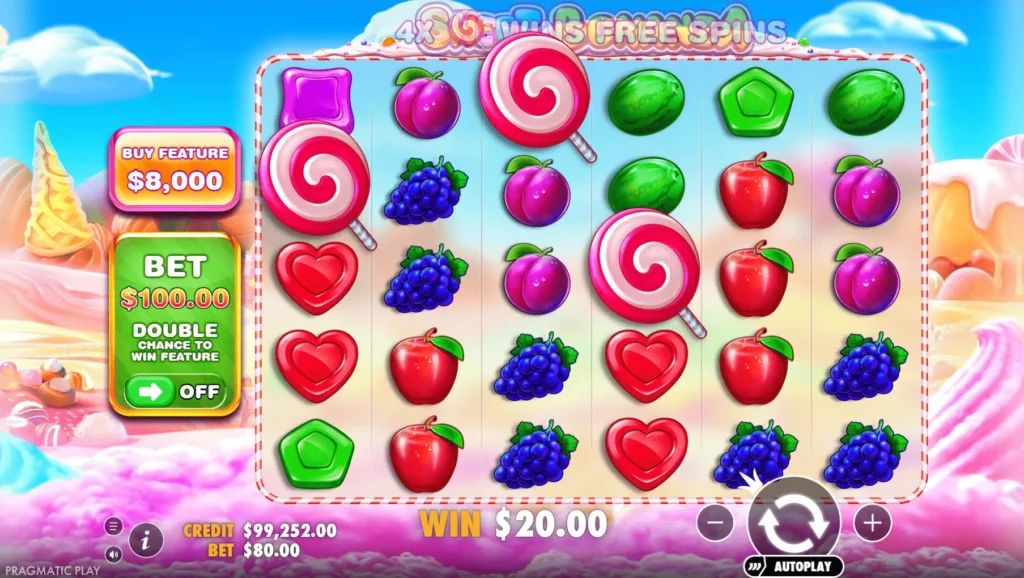 Sweet Bonanza demo slot interface showing a 6x5 grid with fruit and candy symbols, cascading wins, and bonus feature indicators.