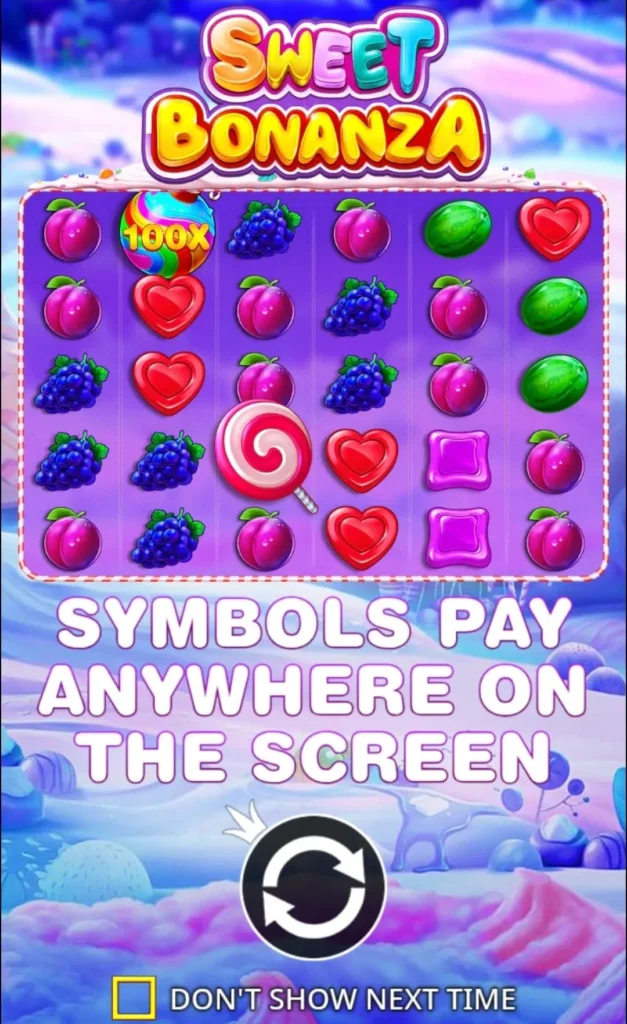 Sweet Bonanza demo displayed on a mobile screen, showing cluster-based symbol payouts and touch-friendly game interface.