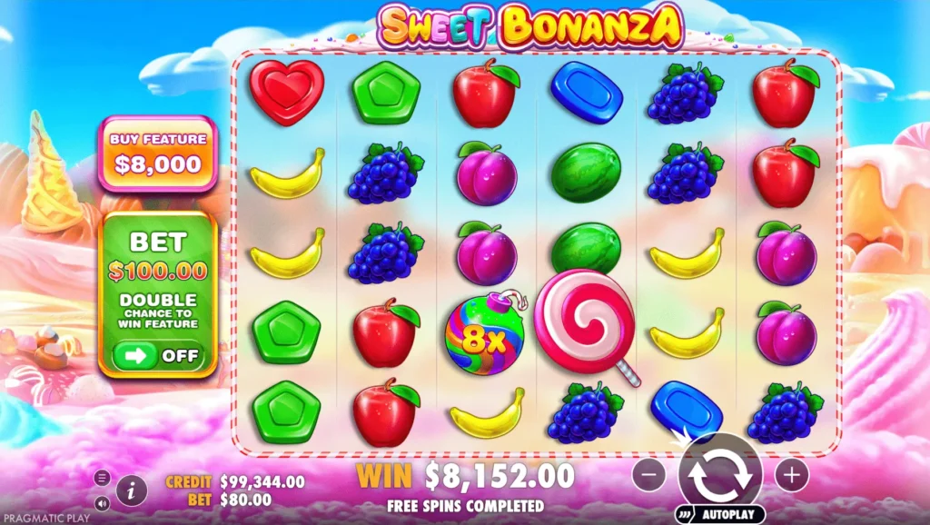 Sweet Bonanza demo slot interface showing cluster-based wins, multiplier symbols, and the end of a free spins round.