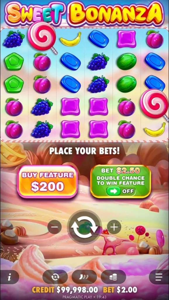 Sweet Bonanza slot displayed on a mobile screen showing the 6×5 grid, fruit and candy symbols, and touch-optimized controls adapted for mobile gameplay.
